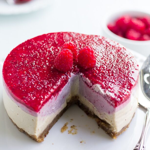 No-Bake Layered Raspberry Vegan Cheesecake - Nora Cooks