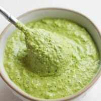 spoonful being taken out of a bowl with pesto in it, white background.