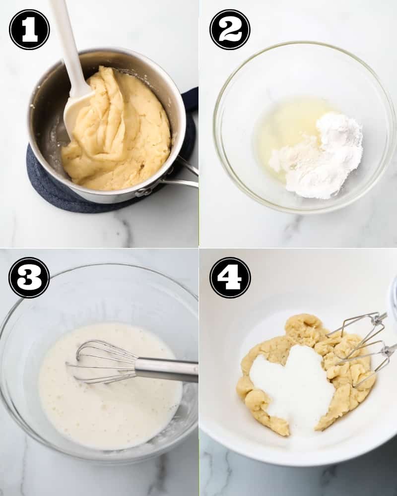 collage of how to make choux pastry, step by step
