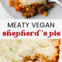 Pinterest collage with text reading meaty vegan shepherd's pie