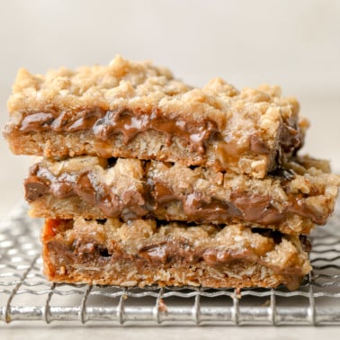 a stack of 3 Vegan Carmelitas on a wire rack.