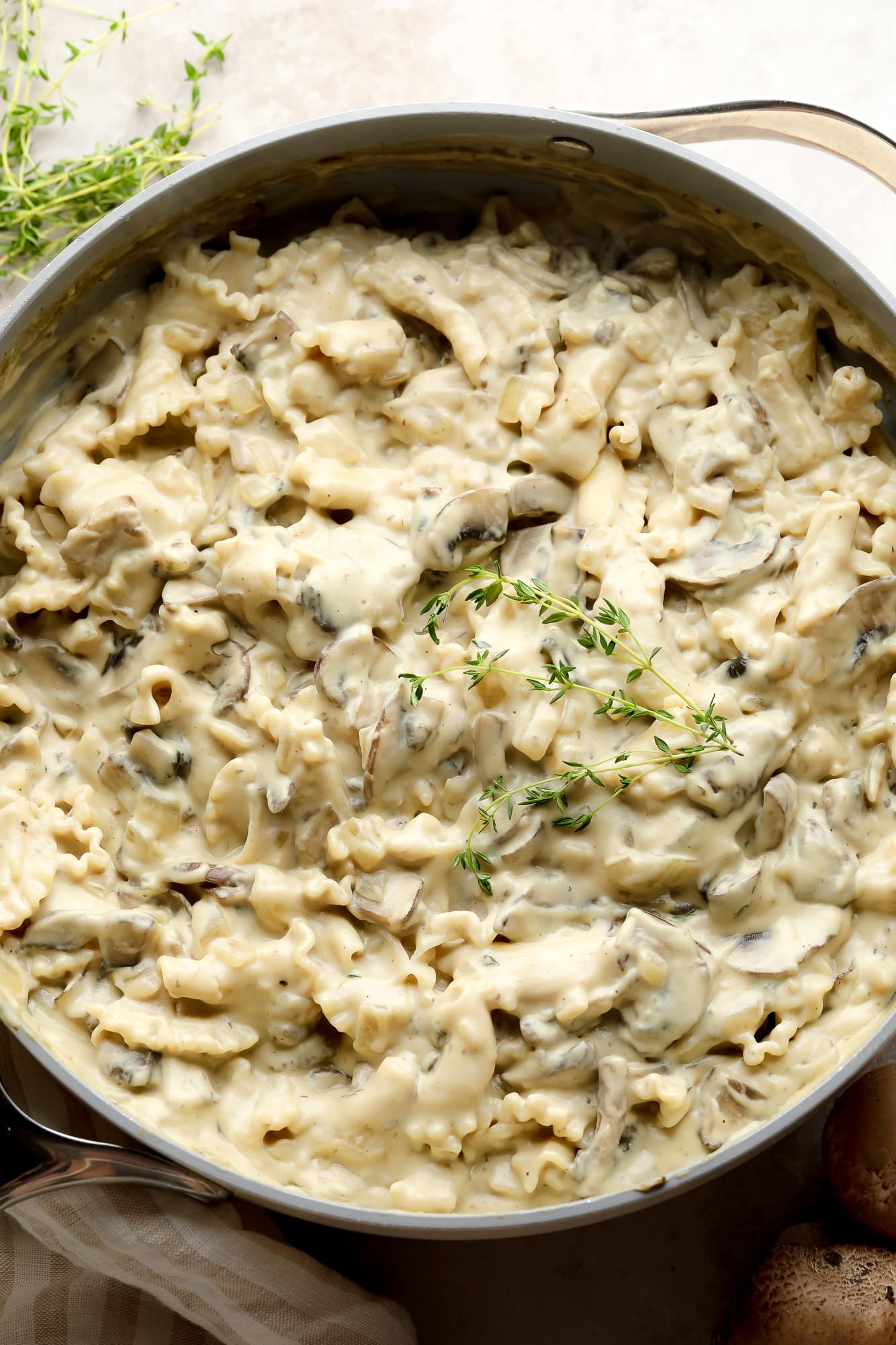 a large pot filled with vegan mushroom stroganoff.