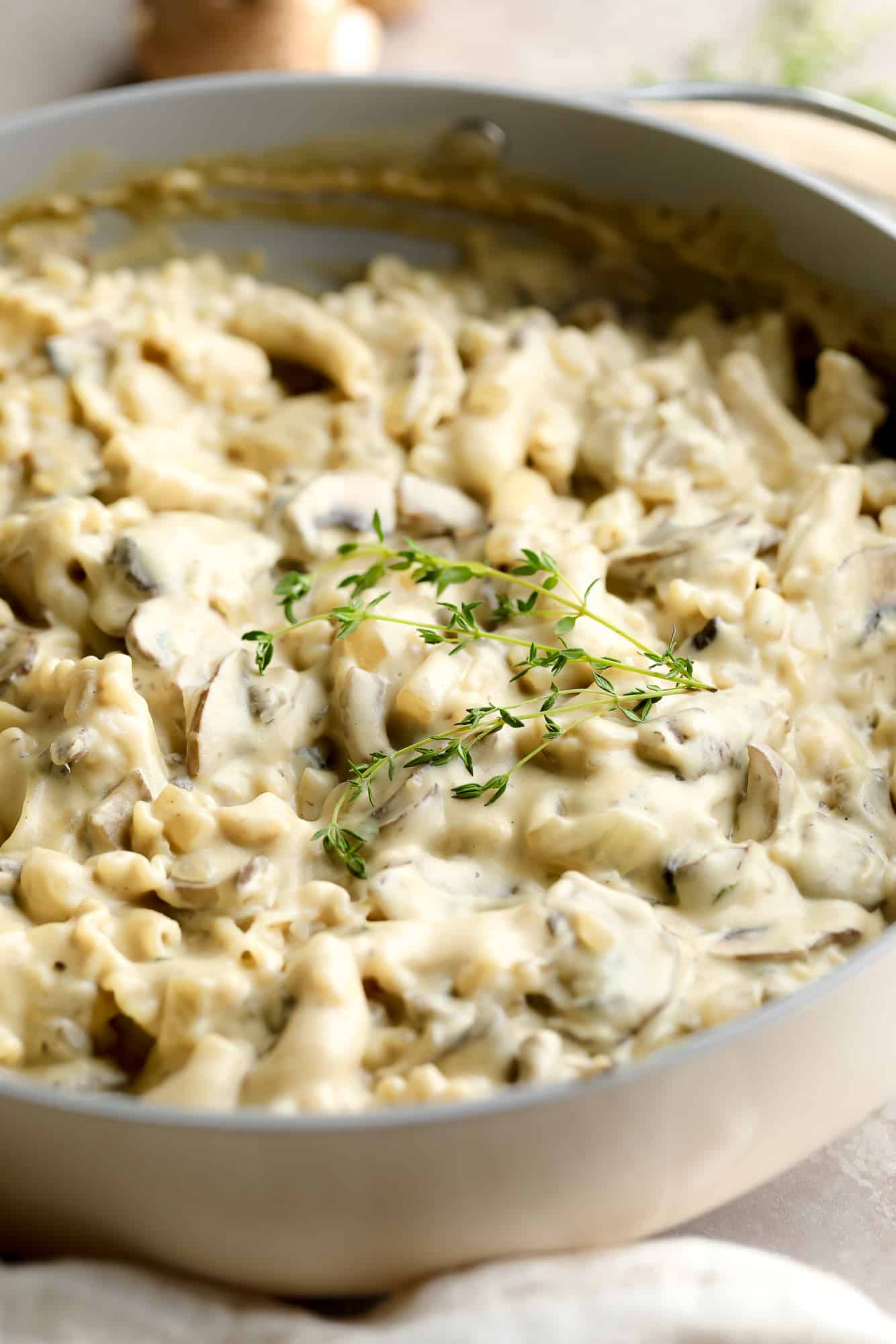 a large pot filled with vegan mushroom stroganoff.