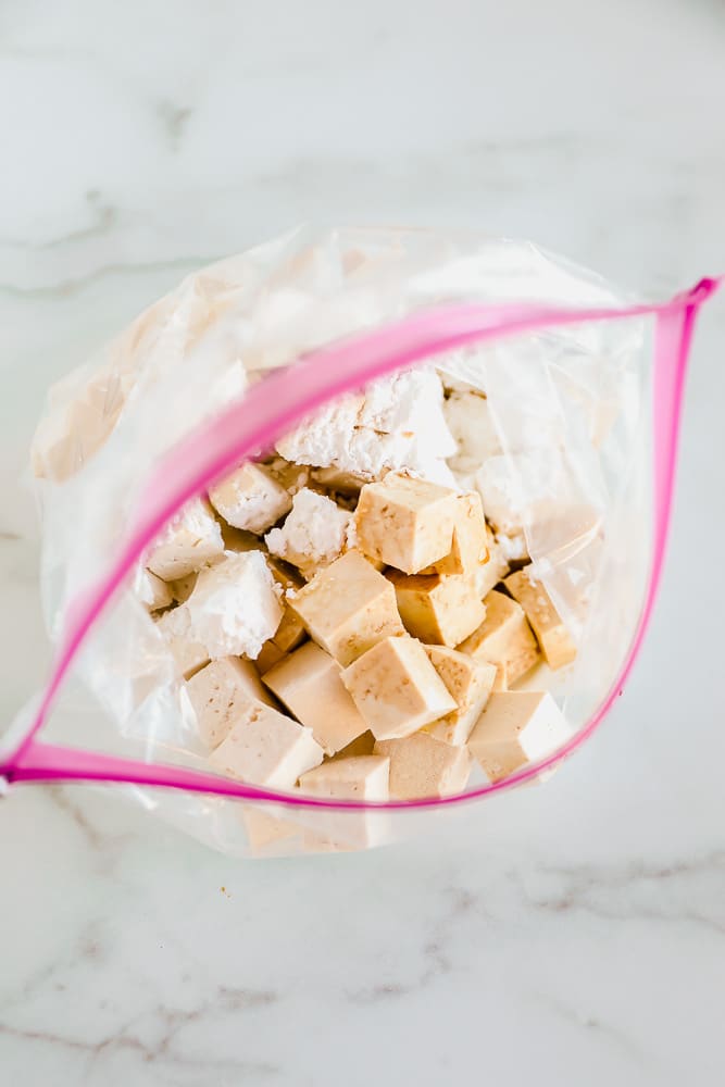 tofu cubes and cornstarch in a large ziplock bag.