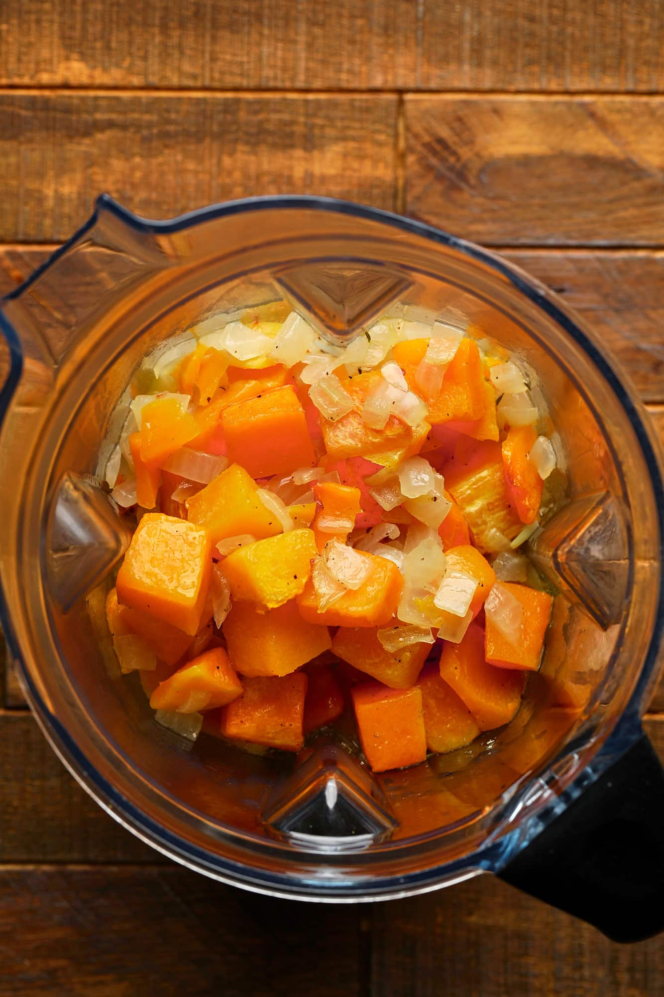 blender with roasted squash and onions