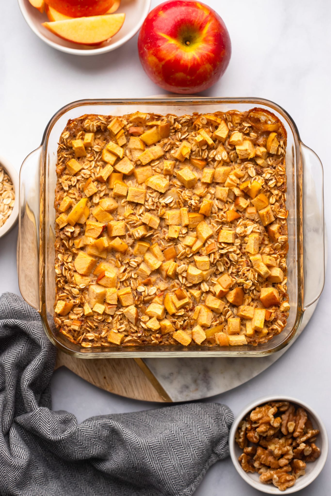 Apple Baked Oatmeal in a glass baking dish.