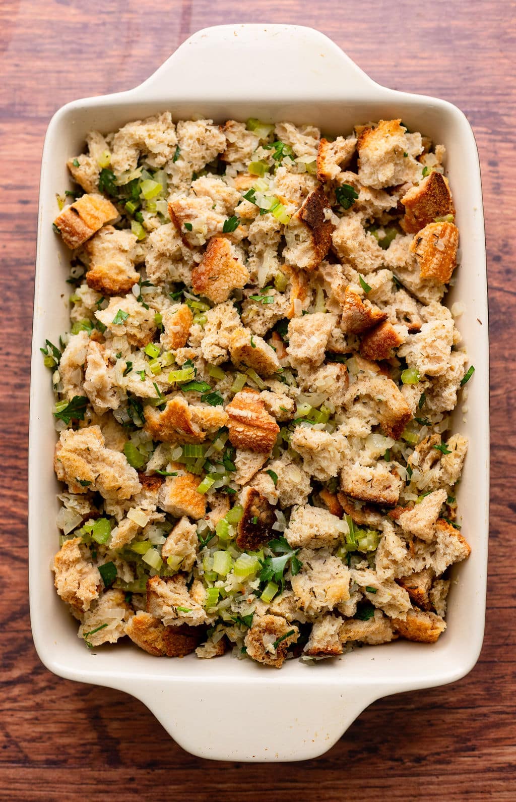 unbaked stuffing in a dish