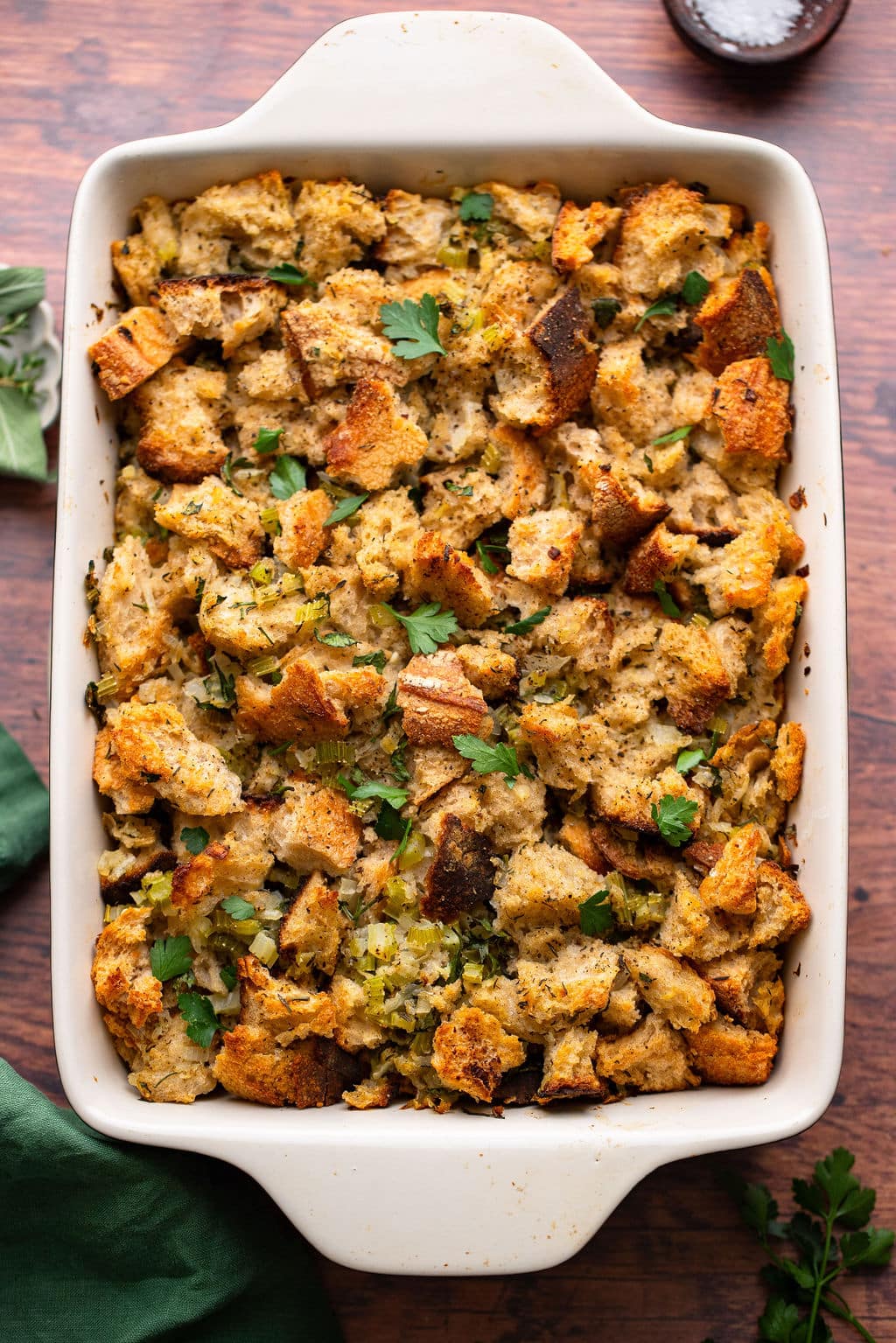 golden stuffing in casserole dish baked and crisp