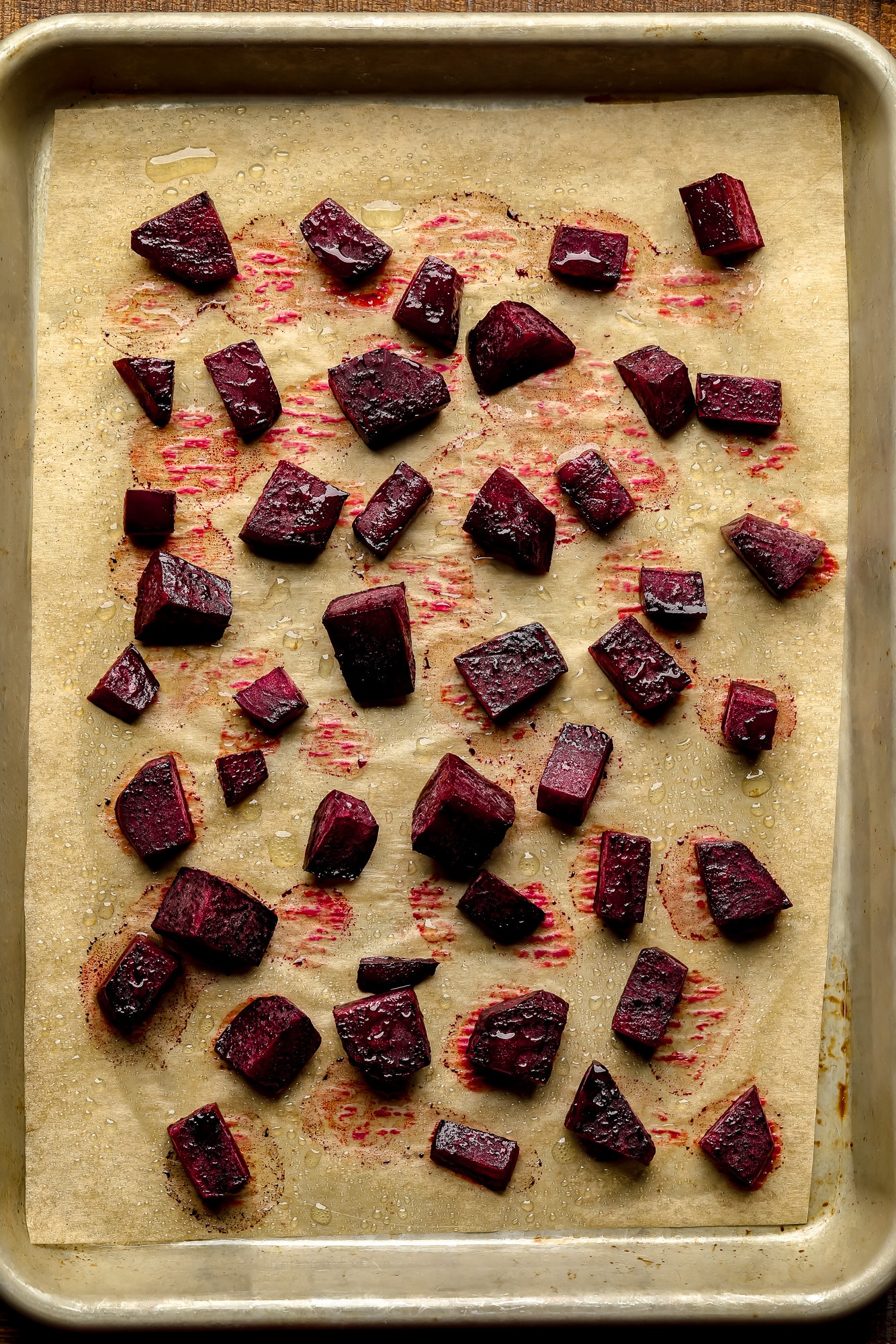 chopped roasted beets on a baking sheet.